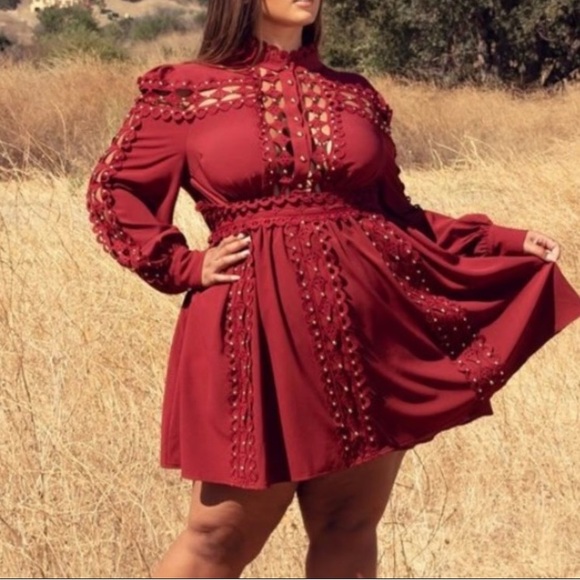 L'ATISTE Dresses & Skirts - L'ATISTE Deep Red Lace Long Sleeve gold studded Dress
